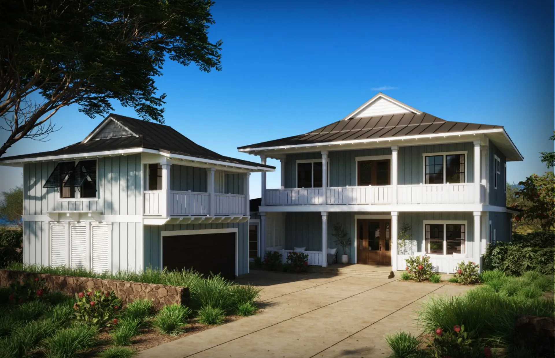Two-story house with a garage, surrounded by greenery, under a clear blue sky.